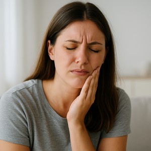 A woman holding her jaw in pain