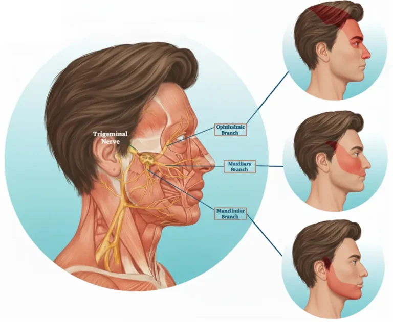Illustration of the trigeminal nerve and the three facial areas its branches supply