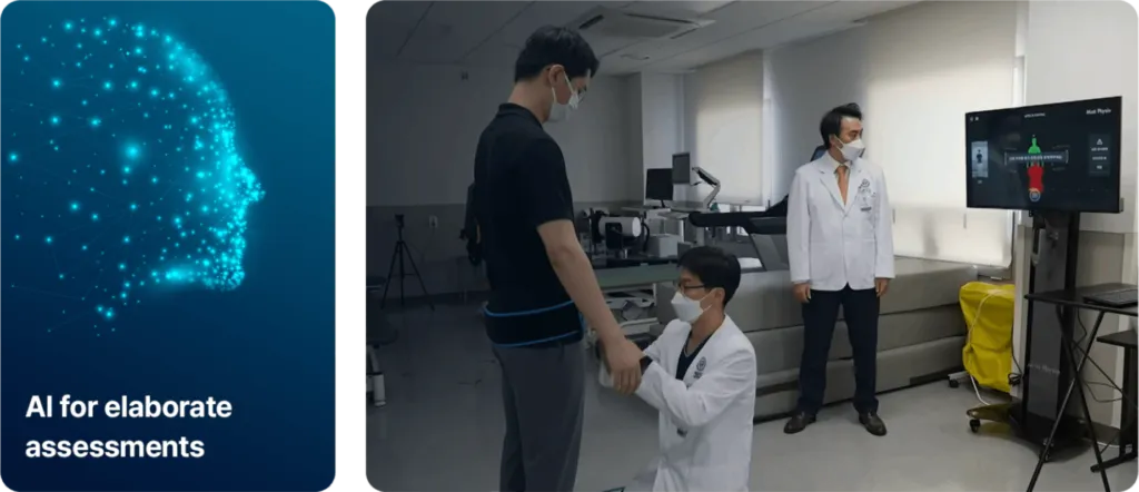 Patient standing for a Moti Physio posture assessment while clinicians review the results on screen