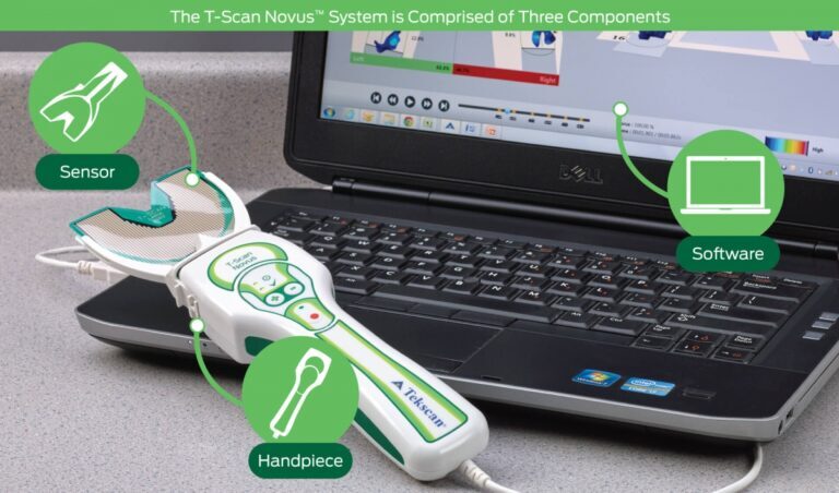 The three T-Scan Novus components: sensor, handpiece and analysis software on a laptop