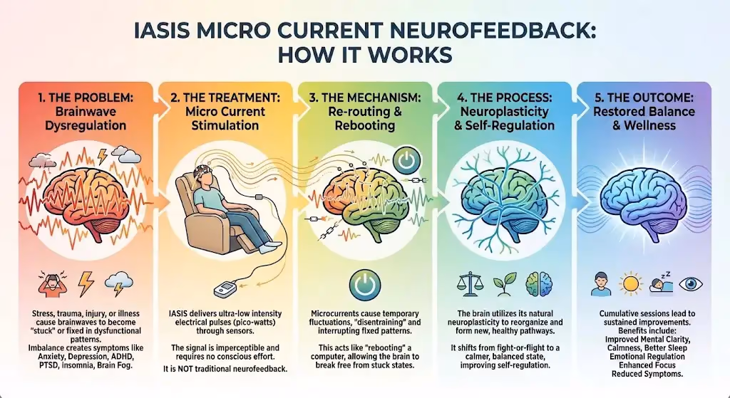 How IASIS micro current neurofeedback works Five-stage diagram of IASIS micro current neurofeedback: brainwave dysregulation, microcurrent stimulation through scalp sensors, re-routing of stuck patterns, neuroplasticity and self-regulation, and restored balance
